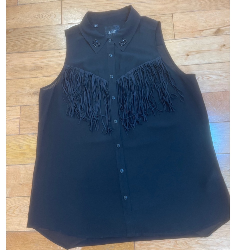 Guess Fringe Top Sleeveless Embellished Collar Western Blouse Size Medium